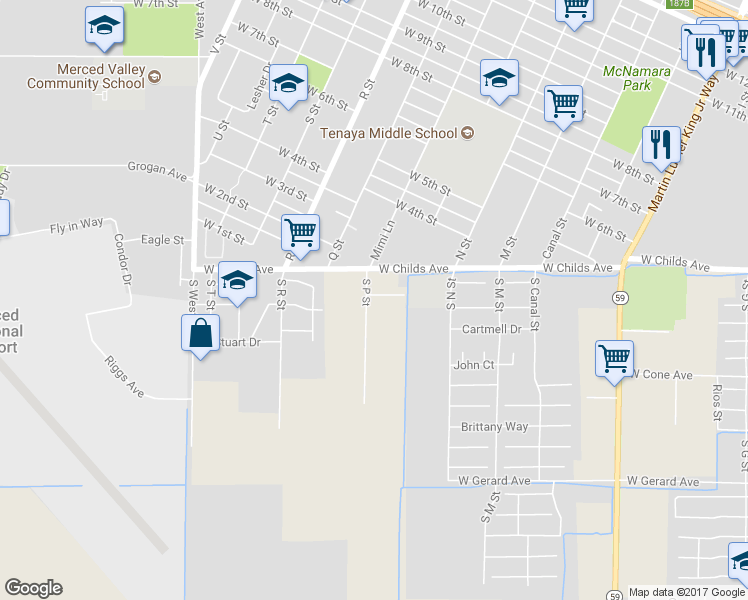 map of restaurants, bars, coffee shops, grocery stores, and more near 872 Joyce Avenue in Merced