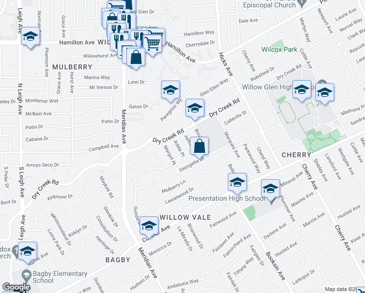 map of restaurants, bars, coffee shops, grocery stores, and more near 1962 Adele Place in San Jose