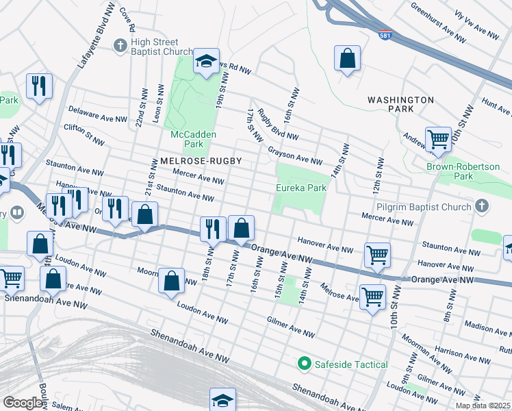 map of restaurants, bars, coffee shops, grocery stores, and more near 1621 Staunton Avenue Northwest in Roanoke