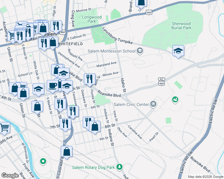 map of restaurants, bars, coffee shops, grocery stores, and more near 801 Roanoke Blvd in Salem