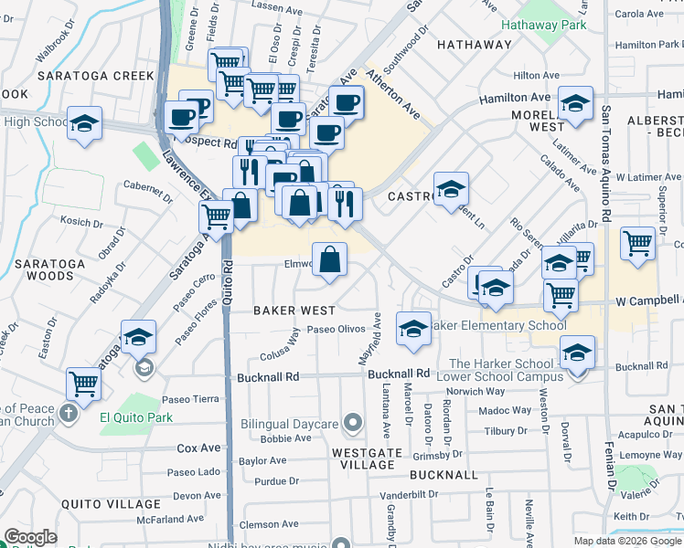 map of restaurants, bars, coffee shops, grocery stores, and more near 5014 Tiberan Way in San Jose