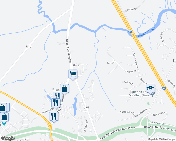 map of restaurants, bars, coffee shops, grocery stores, and more near 221 Shaindel Drive in Williamsburg