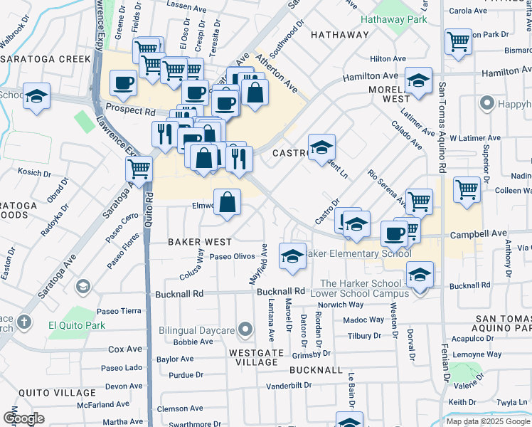 map of restaurants, bars, coffee shops, grocery stores, and more near 1914 Mayfield Avenue in San Jose