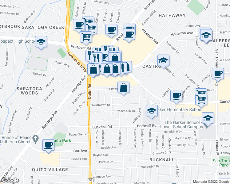 map of restaurants, bars, coffee shops, grocery stores, and more near 1914 Colusa Way in San Jose