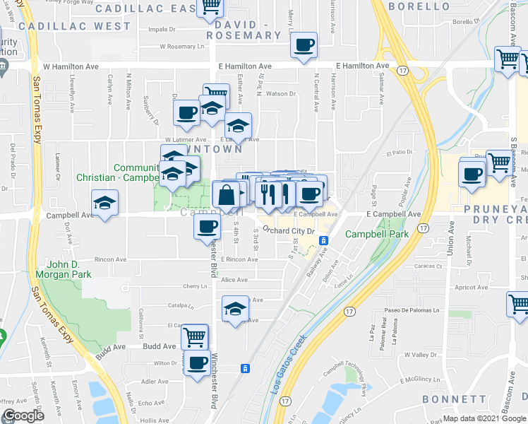map of restaurants, bars, coffee shops, grocery stores, and more near 193 East Campbell Avenue in Campbell