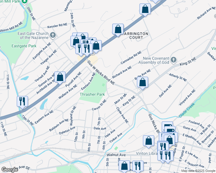 map of restaurants, bars, coffee shops, grocery stores, and more near 801-899 Old Vinton Mill Rd NE in Roanoke