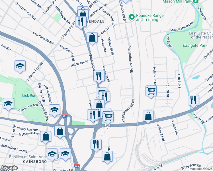 map of restaurants, bars, coffee shops, grocery stores, and more near 1622 Wayne Street Northeast in Roanoke