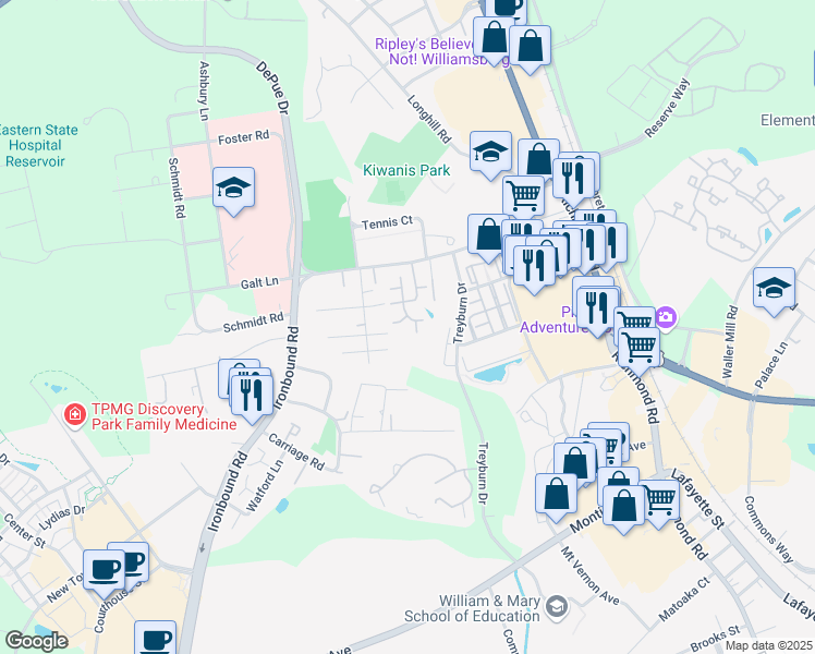 map of restaurants, bars, coffee shops, grocery stores, and more near 502 Settlement Drive in Williamsburg