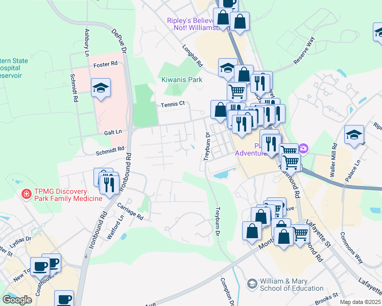 map of restaurants, bars, coffee shops, grocery stores, and more near 404 Settlement Drive in Williamsburg