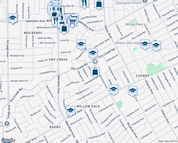map of restaurants, bars, coffee shops, grocery stores, and more near 1957 James Place in San Jose
