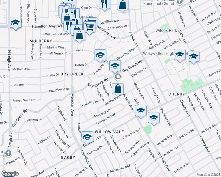map of restaurants, bars, coffee shops, grocery stores, and more near 1957 James Place in San Jose