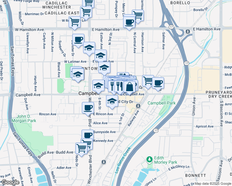 map of restaurants, bars, coffee shops, grocery stores, and more near in Campbell