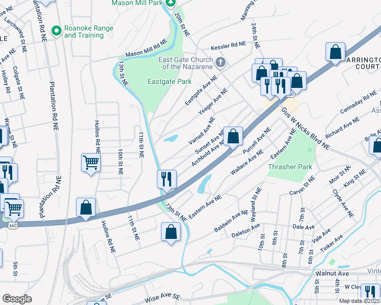 map of restaurants, bars, coffee shops, grocery stores, and more near 1404 Ellerbee Street Northeast in Roanoke
