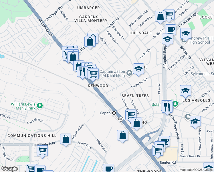 map of restaurants, bars, coffee shops, grocery stores, and more near in San Jose