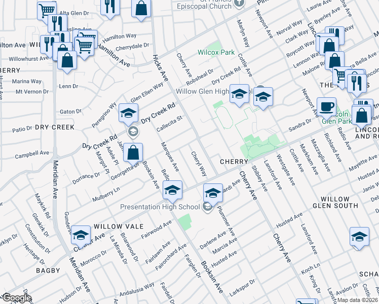map of restaurants, bars, coffee shops, grocery stores, and more near 2131 Cheryl Way in San Jose