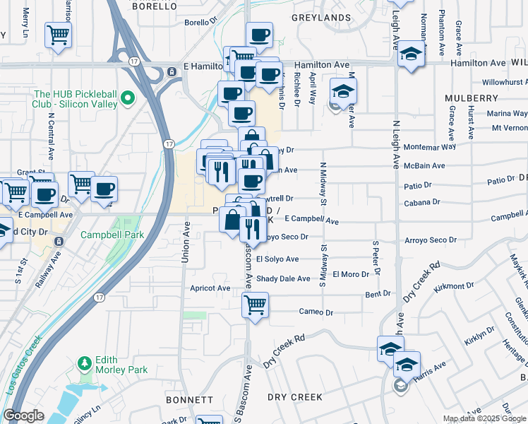 map of restaurants, bars, coffee shops, grocery stores, and more near 1075 East Campbell Avenue in Campbell
