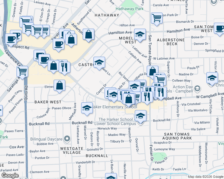 map of restaurants, bars, coffee shops, grocery stores, and more near 1905 Ensenada Drive in Campbell