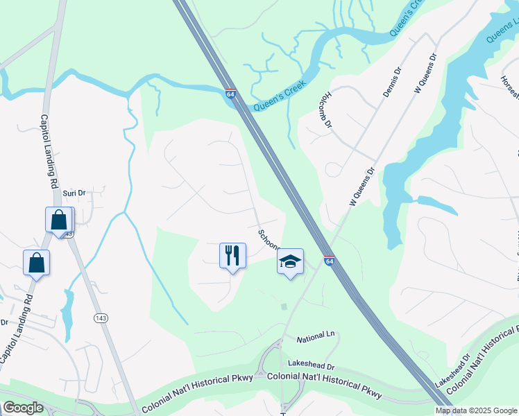 map of restaurants, bars, coffee shops, grocery stores, and more near 404 Schooner Boulevard in Williamsburg