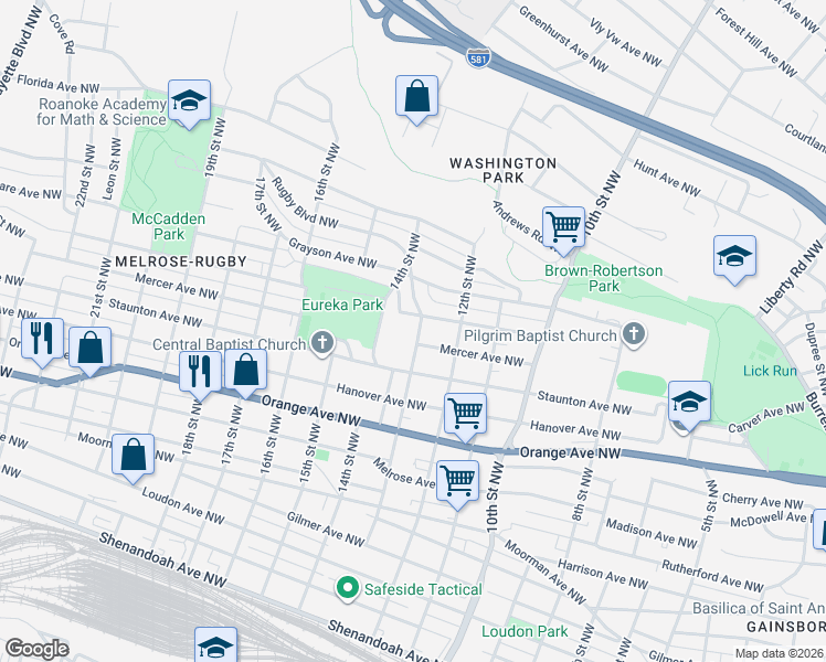 map of restaurants, bars, coffee shops, grocery stores, and more near 1201 13th Street Northwest in Roanoke