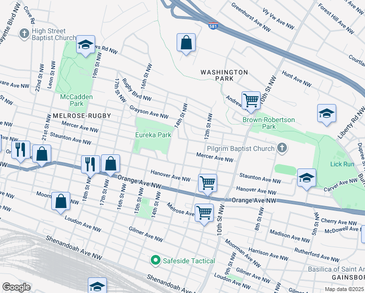 map of restaurants, bars, coffee shops, grocery stores, and more near 1201 13th Street Northwest in Roanoke