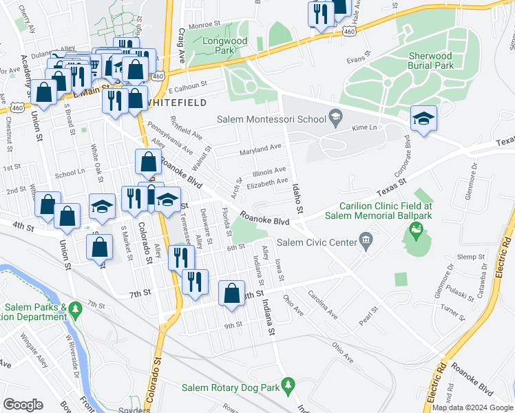 map of restaurants, bars, coffee shops, grocery stores, and more near 777 Roanoke Boulevard in Salem