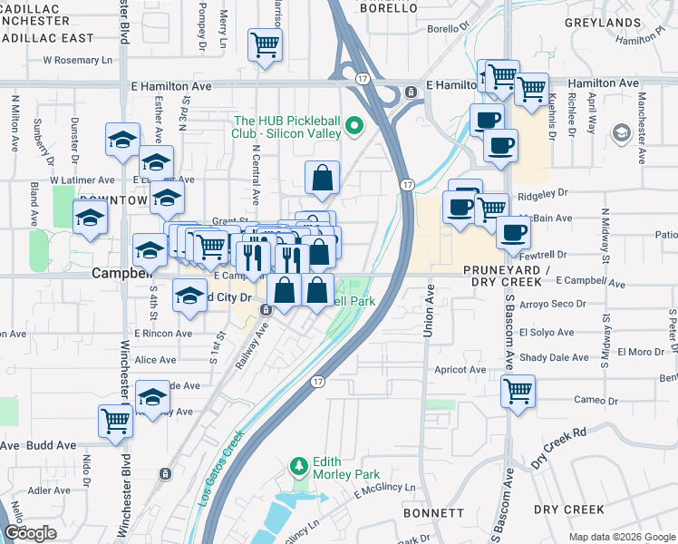 map of restaurants, bars, coffee shops, grocery stores, and more near 621 East Campbell Avenue in Campbell