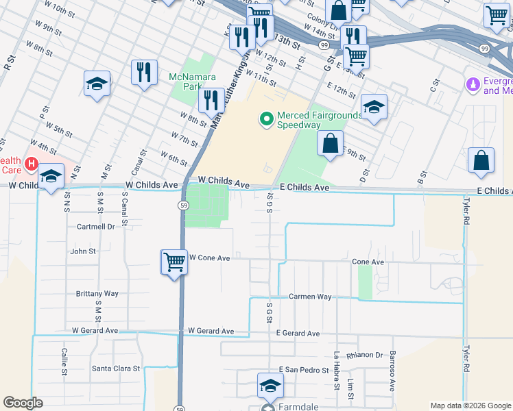 map of restaurants, bars, coffee shops, grocery stores, and more near 15 West Starling Court in Merced