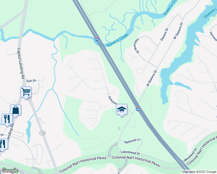 map of restaurants, bars, coffee shops, grocery stores, and more near 404 Schooner Boulevard in Williamsburg