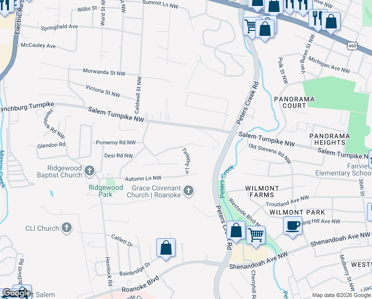 map of restaurants, bars, coffee shops, grocery stores, and more near 334 Timothy Lane in Roanoke