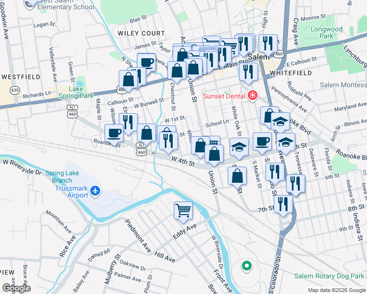 map of restaurants, bars, coffee shops, grocery stores, and more near 429 White St in Salem