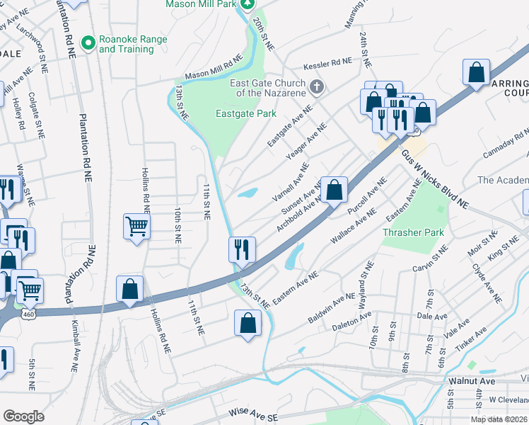 map of restaurants, bars, coffee shops, grocery stores, and more near 1423 Varnell Ave NE in Roanoke