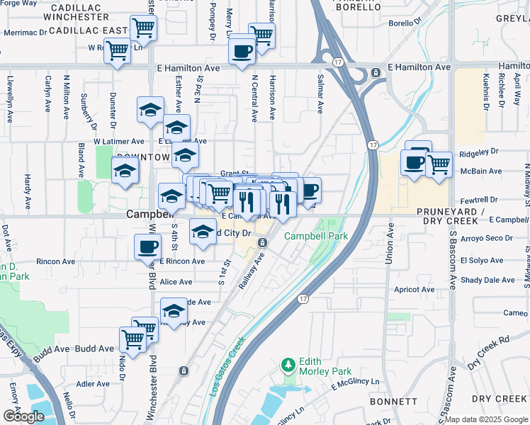map of restaurants, bars, coffee shops, grocery stores, and more near 428 East Campbell Avenue in Campbell