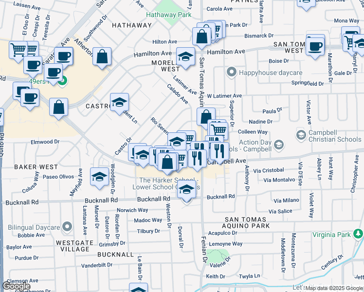 map of restaurants, bars, coffee shops, grocery stores, and more near 1590 La Pradera Dr in Campbell