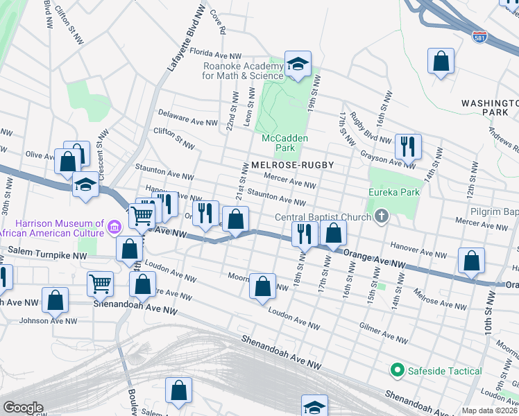 map of restaurants, bars, coffee shops, grocery stores, and more near 2016 Hanover Avenue Northwest in Roanoke