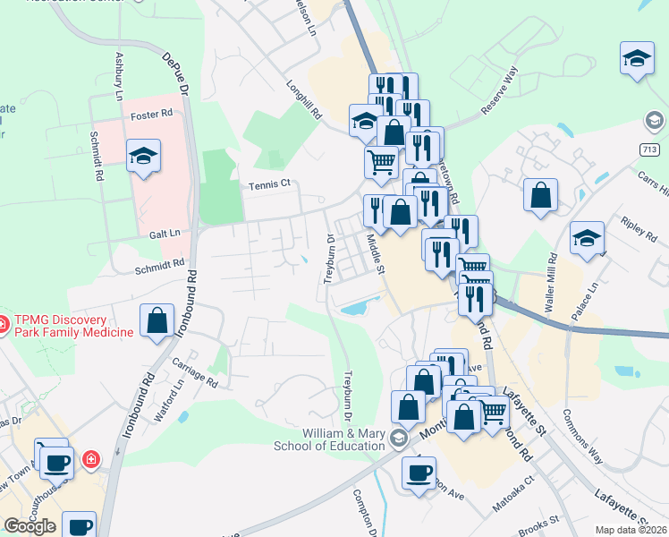 map of restaurants, bars, coffee shops, grocery stores, and more near 155 Kings Manor Drive in Williamsburg