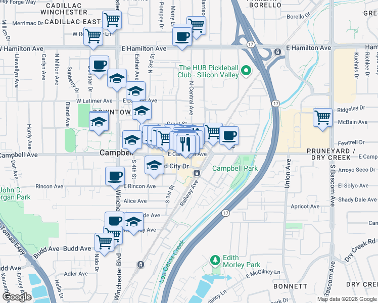 map of restaurants, bars, coffee shops, grocery stores, and more near in Campbell
