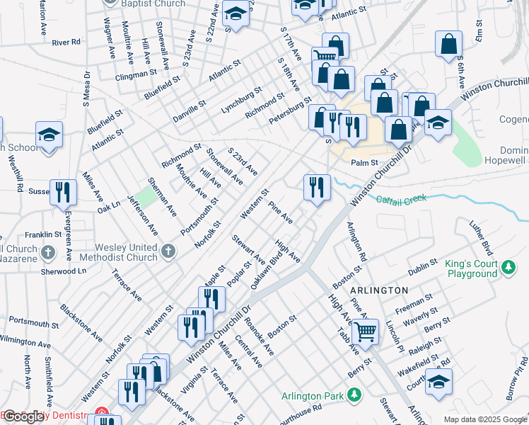 map of restaurants, bars, coffee shops, grocery stores, and more near 2505 Maple Street in Hopewell