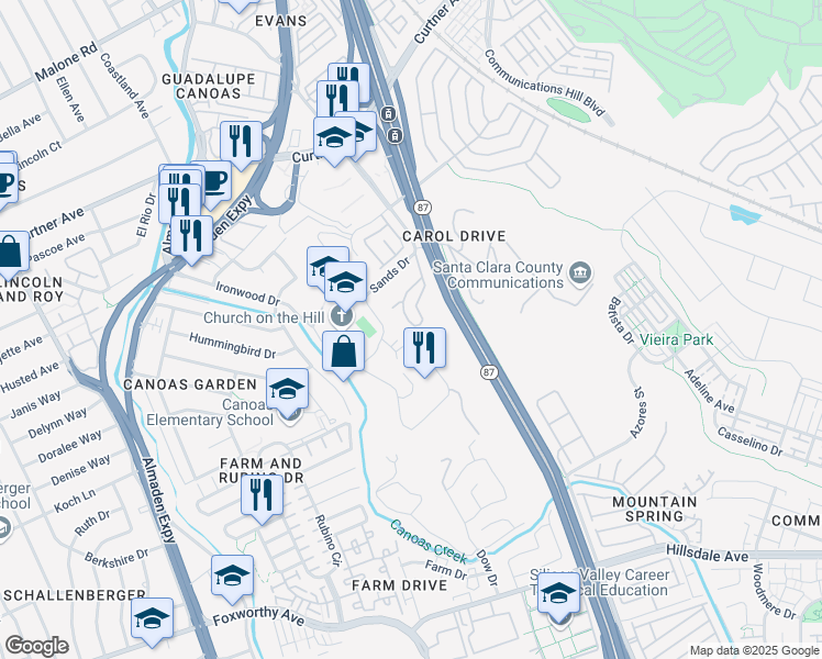 map of restaurants, bars, coffee shops, grocery stores, and more near 2657 Villa Cortona Way in San Jose