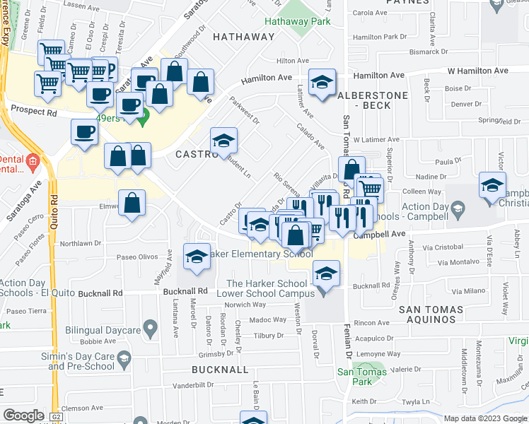 map of restaurants, bars, coffee shops, grocery stores, and more near 1893 Ensenada Drive in Campbell