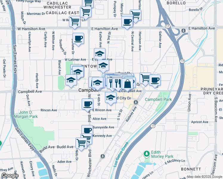 map of restaurants, bars, coffee shops, grocery stores, and more near 150 East Campbell Avenue in Campbell
