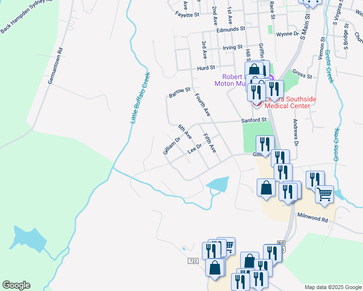 map of restaurants, bars, coffee shops, grocery stores, and more near 1102 7th Avenue in Farmville