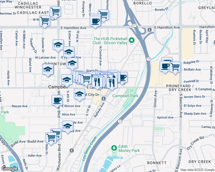 map of restaurants, bars, coffee shops, grocery stores, and more near 428 East Campbell Avenue in Campbell