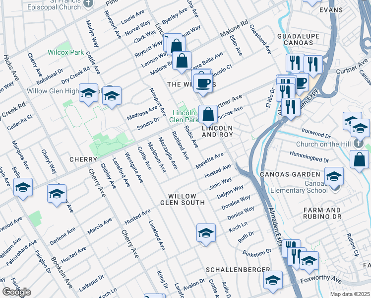 map of restaurants, bars, coffee shops, grocery stores, and more near 2348 Richland Avenue in San Jose