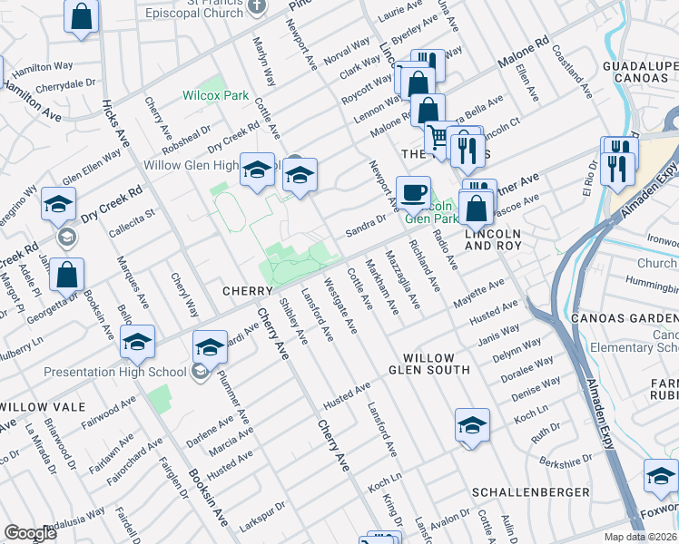 map of restaurants, bars, coffee shops, grocery stores, and more near 2252 Westgate Avenue in San Jose