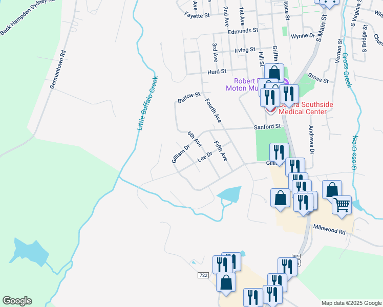 map of restaurants, bars, coffee shops, grocery stores, and more near 1102 7th Avenue in Farmville