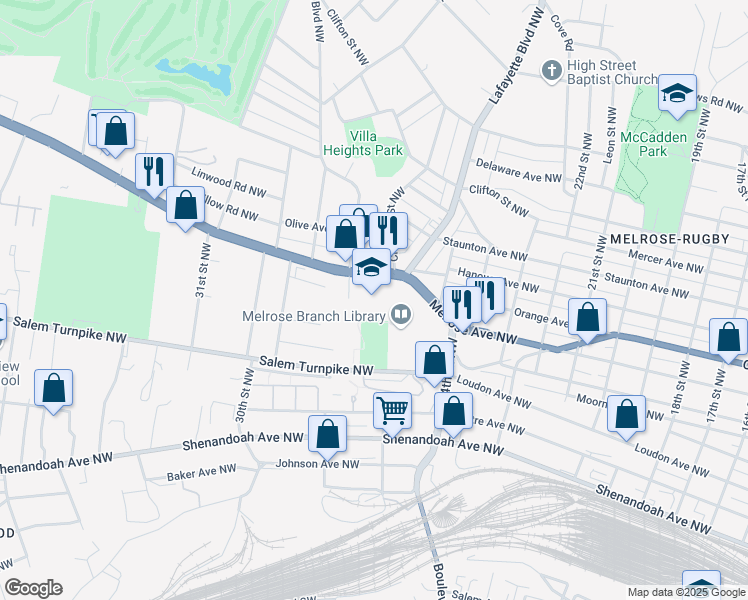 map of restaurants, bars, coffee shops, grocery stores, and more near 2730 Melrose Avenue Northwest in Roanoke
