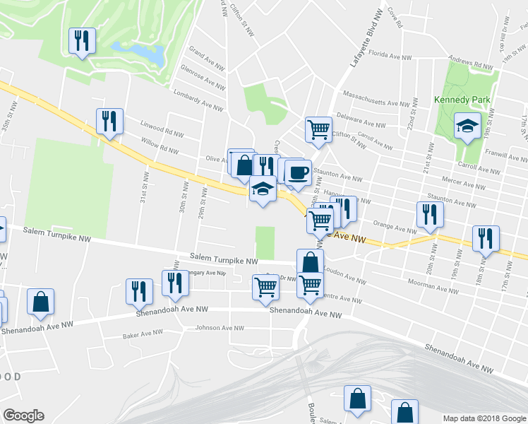map of restaurants, bars, coffee shops, grocery stores, and more near 2730 Melrose Avenue Northwest in Roanoke