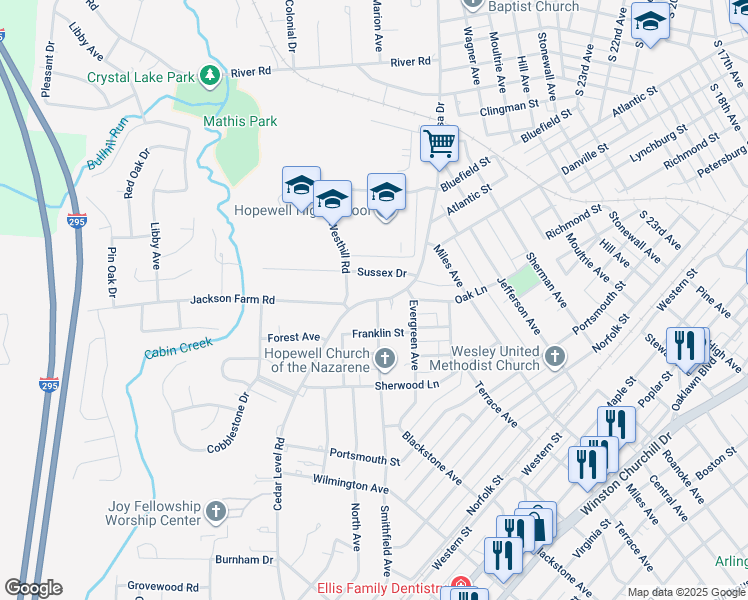 map of restaurants, bars, coffee shops, grocery stores, and more near 400 Smithfield Avenue in Hopewell