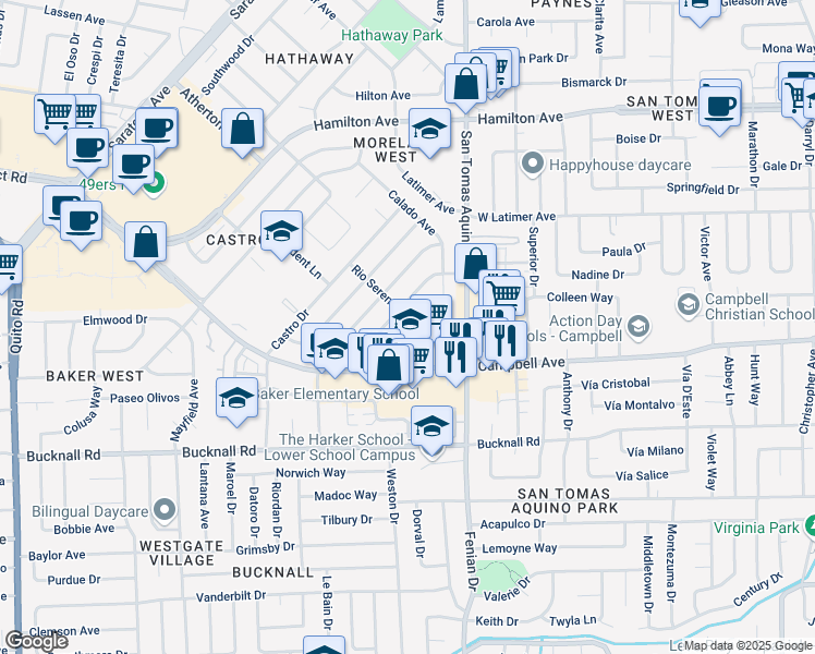 map of restaurants, bars, coffee shops, grocery stores, and more near 79 Rio Serena Avenue in Campbell