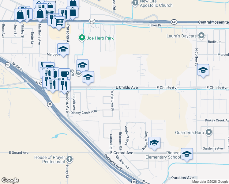 map of restaurants, bars, coffee shops, grocery stores, and more near 2277 Concord Square in Merced
